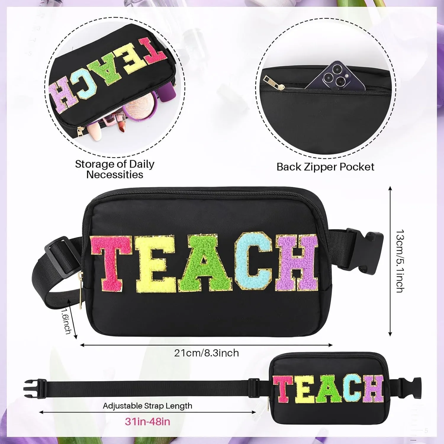 Teacher Bag Chenille Letter Patch Belt Teacher Bags Teacher Gift Cosmetic Bag Black Purse Crossbody Bag Nylon Adjustable Strap for Women Friends Coworkers Zipper Makeup Pouch