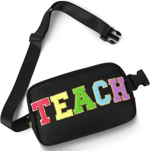 Teacher Bag Chenille Letter Patch Belt Teacher Bags Teacher Gift Cosmetic Bag Black Purse Crossbody Bag Nylon Adjustable Strap for Women Friends Coworkers Zipper Makeup Pouch