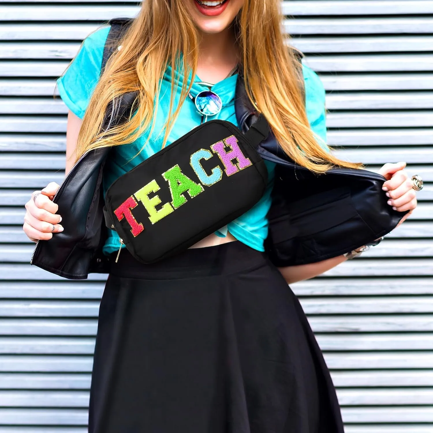 Teacher Bag Chenille Letter Patch Belt Teacher Bags Teacher Gift Cosmetic Bag Black Purse Crossbody Bag Nylon Adjustable Strap for Women Friends Coworkers Zipper Makeup Pouch