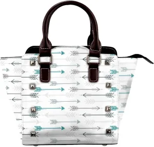 Teal Retro Arrow Pattern Women Leather Crossbody Handbag Mini Shoulder Bag Lightweight Top-Handle Tote Bags