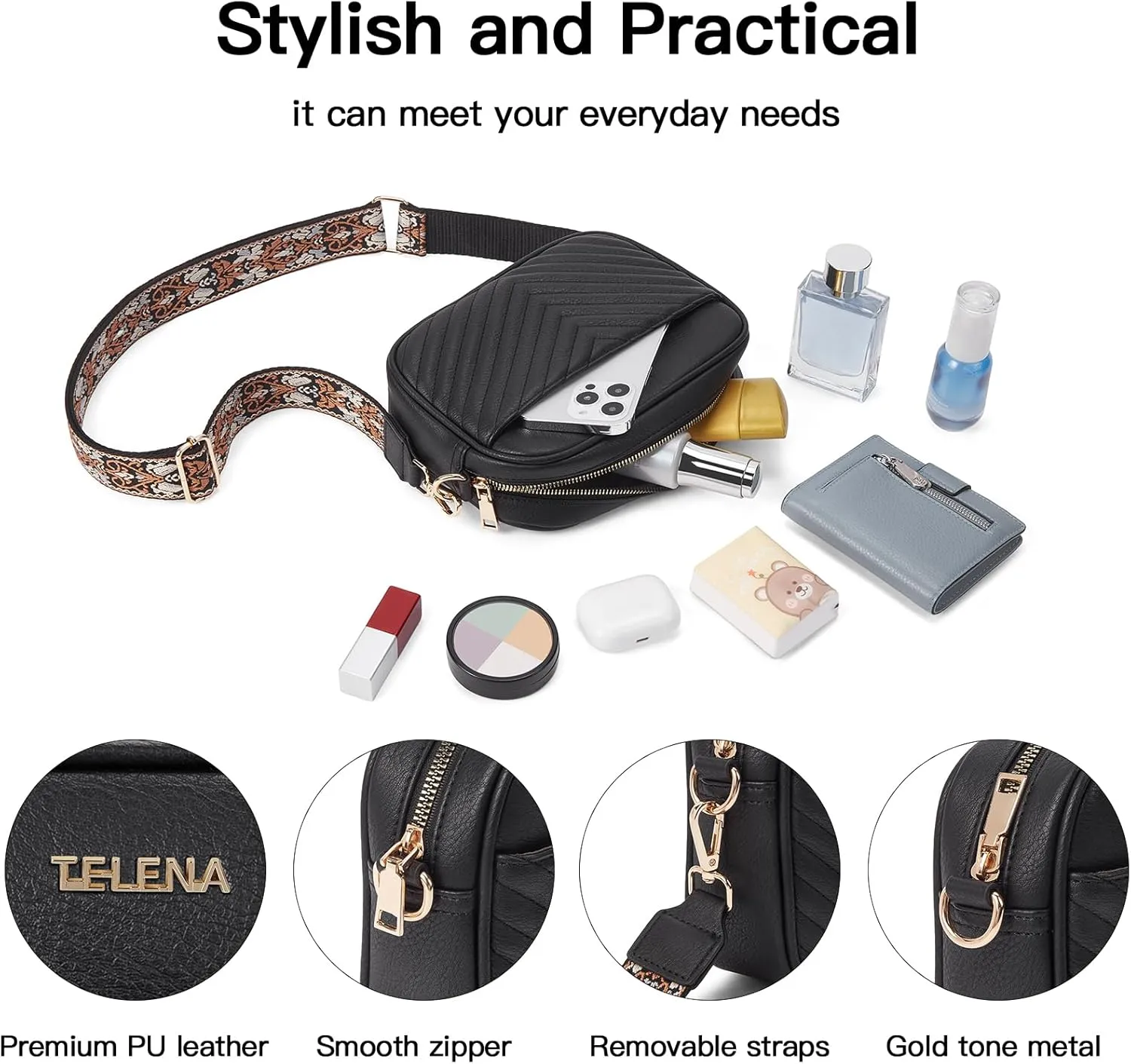 Telena Crossbody bags for Women Trendy Quilted Crossbody Bag Faux Leather Purse with Wide Strap