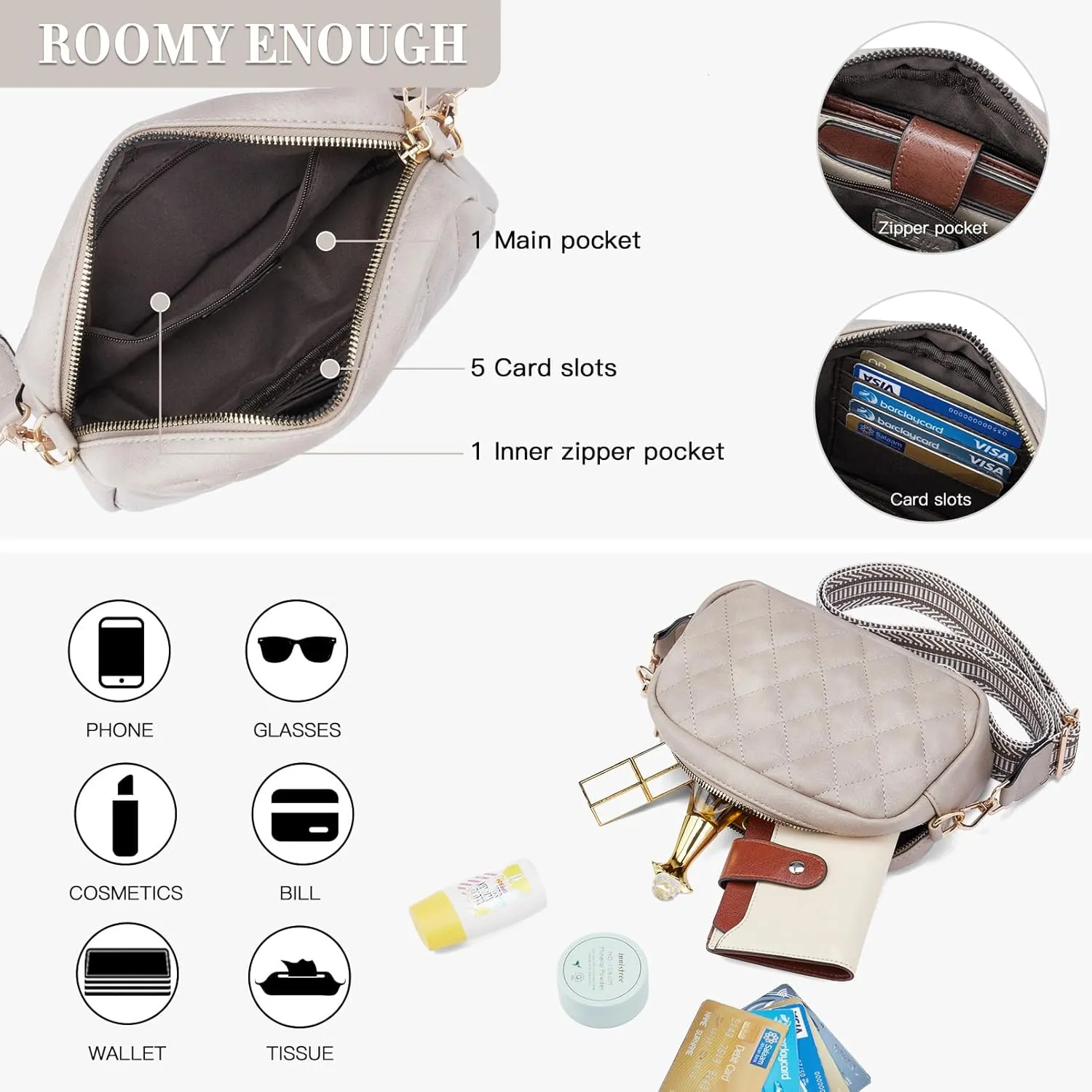 Telena Crossbody bags for Women Trendy Quilted Crossbody Bag Faux Leather Purse with Wide Strap