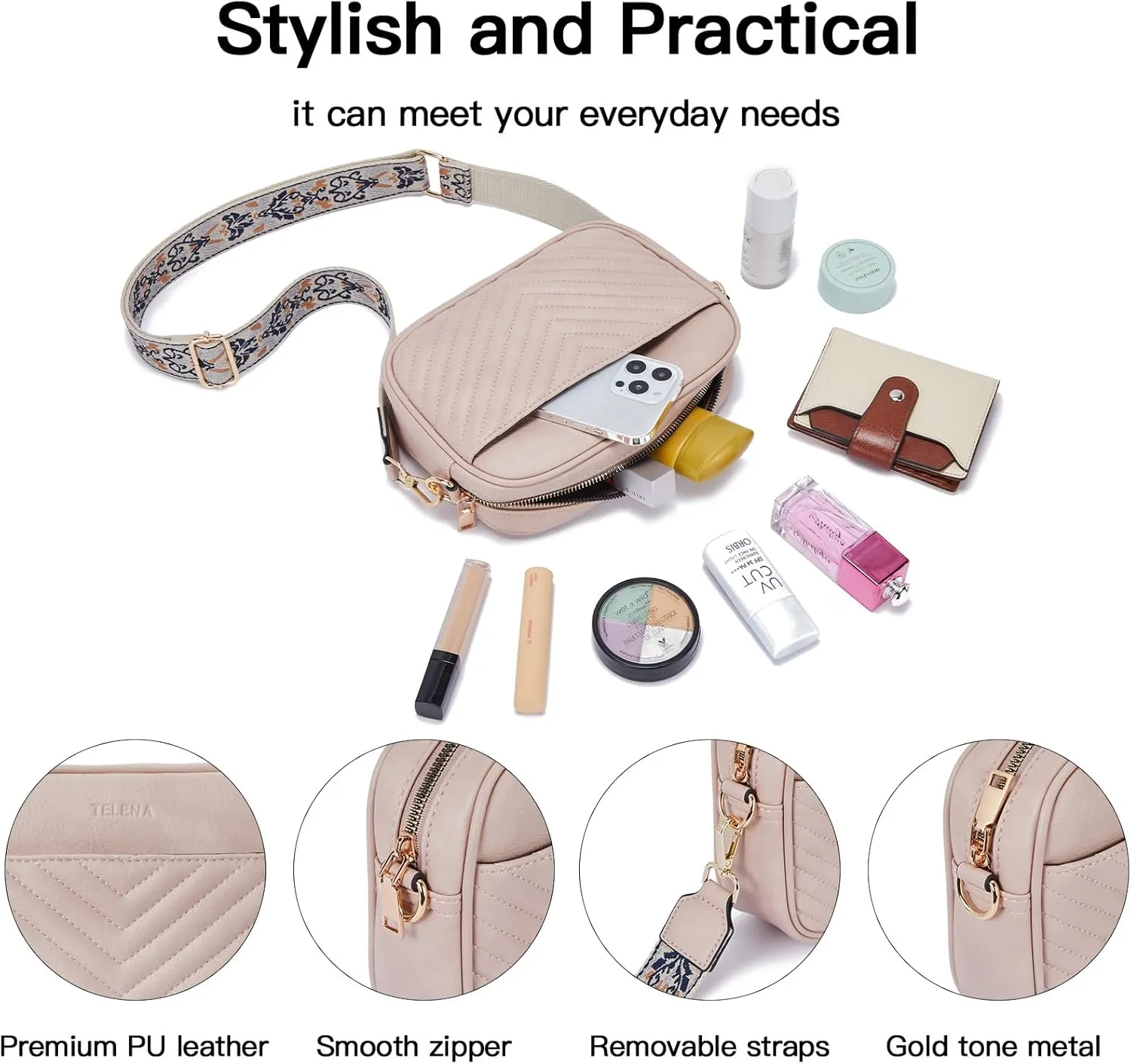 Telena Crossbody bags for Women Trendy Quilted Crossbody Bag Faux Leather Purse with Wide Strap