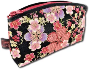 Terra Distribution Small Makeup Bag for Purse [ Made in Japan] Traditional Edo Komon Design Cute Cosmetic Pouch (Cherry Blossom (Black/Pink))