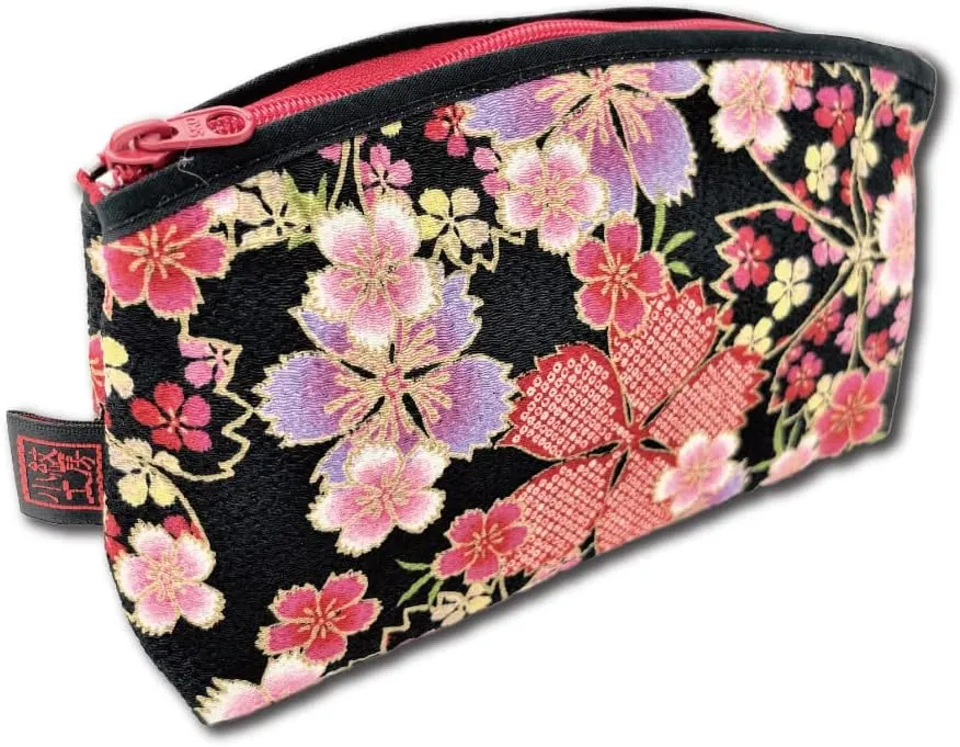 Terra Distribution Small Makeup Bag for Purse [ Made in Japan] Traditional Edo Komon Design Cute Cosmetic Pouch (Cherry Blossom (Black/Pink))