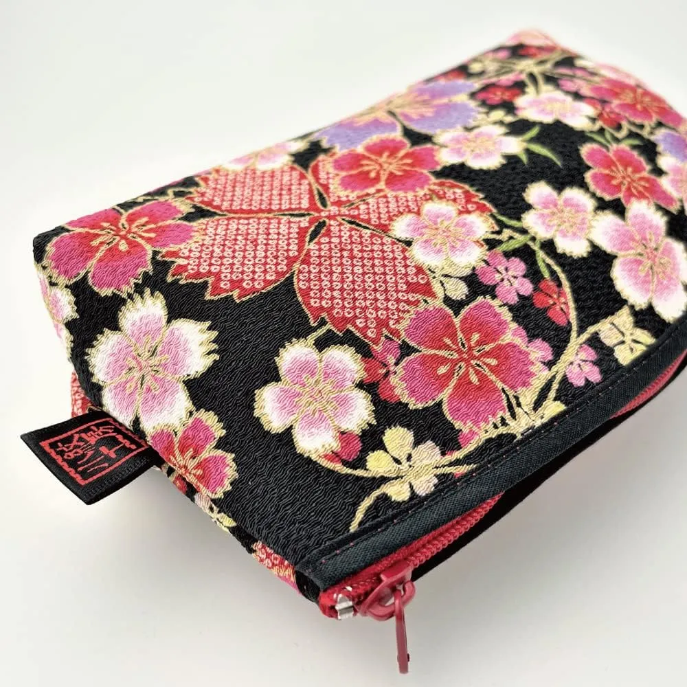 Terra Distribution Small Makeup Bag for Purse [ Made in Japan] Traditional Edo Komon Design Cute Cosmetic Pouch (Cherry Blossom (Black/Pink))