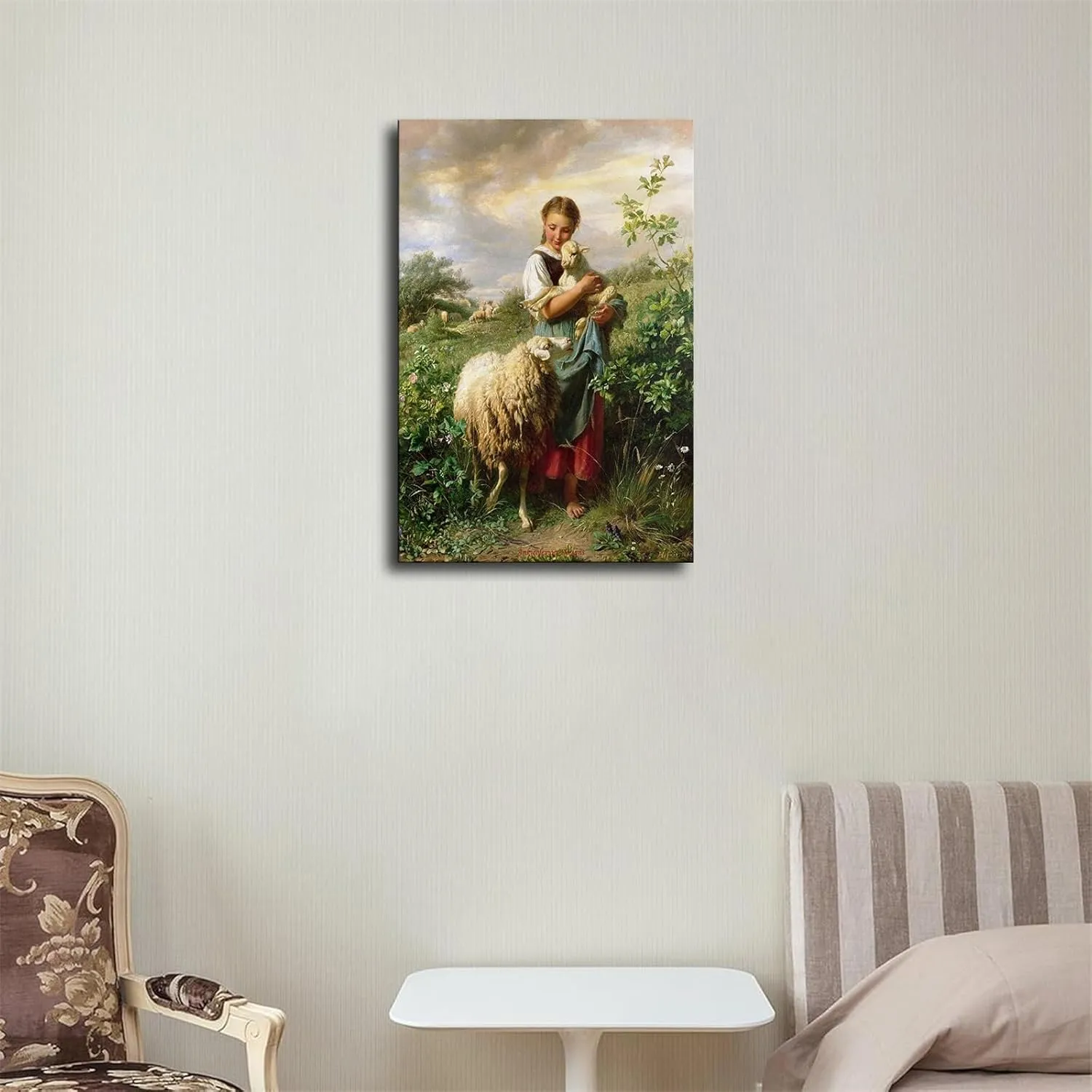 The Shepherdess 1866 By Johann Baptist Hofner Poster Canvas Print Wall Art Picture Indoor Bedroom Living Room Aesthetic Artwork Garage Cafe Decorative (16×24inch Framed)
