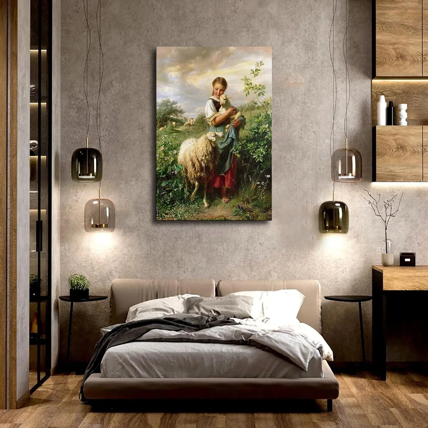 The Shepherdess 1866 By Johann Baptist Hofner Poster Canvas Print Wall Art Picture Indoor Bedroom Living Room Aesthetic Artwork Garage Cafe Decorative (16×24inch Framed)