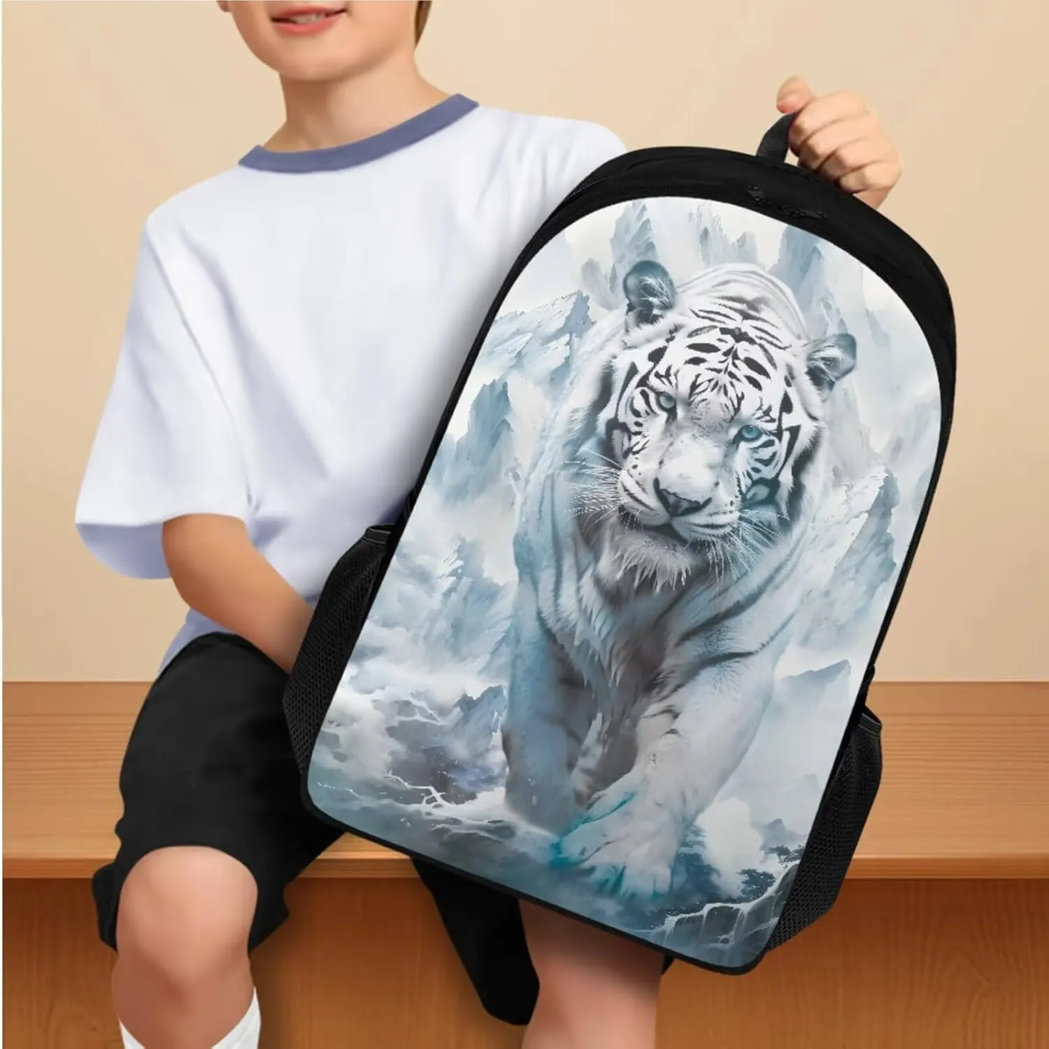 Tiger Print Backpack with Lunch Box Compartment Adjustable Straps Portable School Bag for Kids Retain Freshness Waterproof Insulated Lunch Bag for School