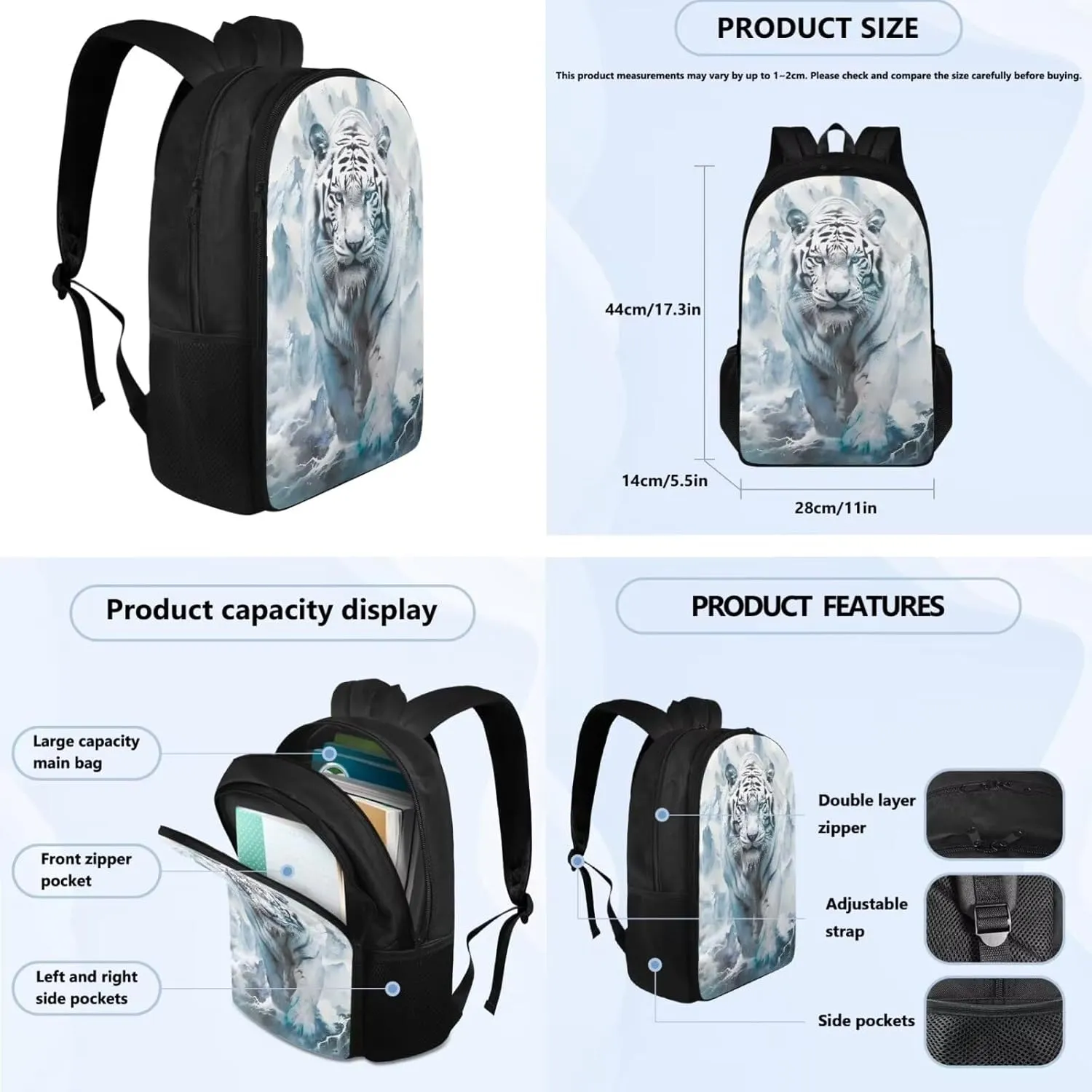 Tiger Print Backpack with Lunch Box Compartment Adjustable Straps Portable School Bag for Kids Retain Freshness Waterproof Insulated Lunch Bag for School