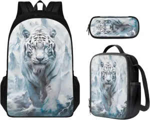 Tiger Print Backpack with Lunch Box Compartment Adjustable Straps Portable School Bag for Kids Retain Freshness Waterproof Insulated Lunch Bag for School
