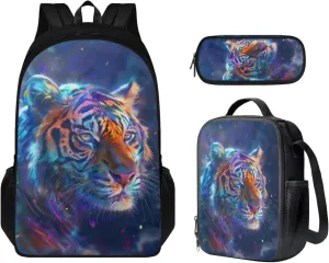 Tiger Print School Backpack for Kids 8-12 Boys and Lunch Bag Multi-Functional Portable Backpack Lunchbox for Children Cute Pencil Case for School Play Vacation