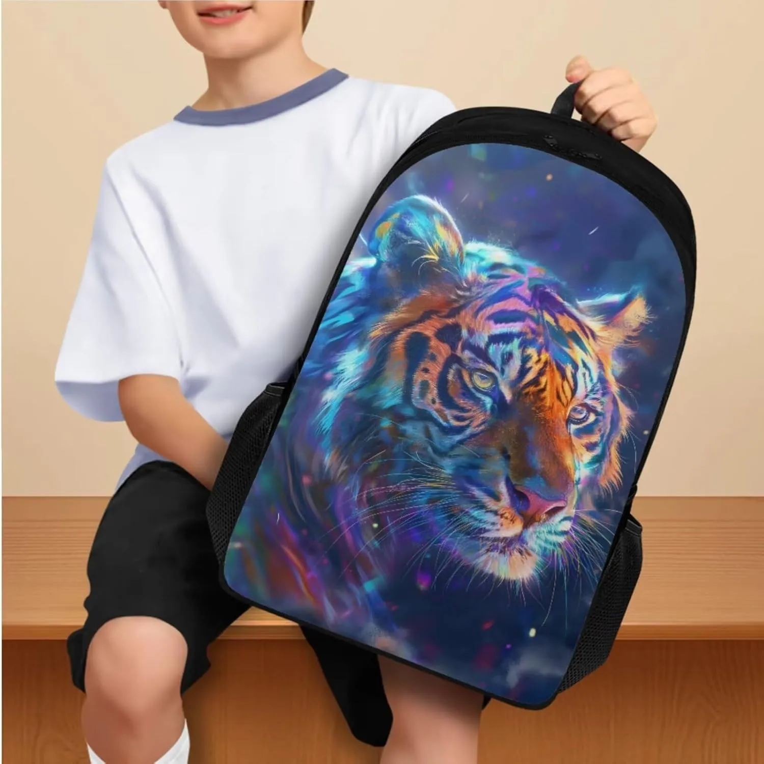 Tiger Print School Backpack for Kids 8-12 Boys and Lunch Bag Multi-Functional Portable Backpack Lunchbox for Children Cute Pencil Case for School Play Vacation