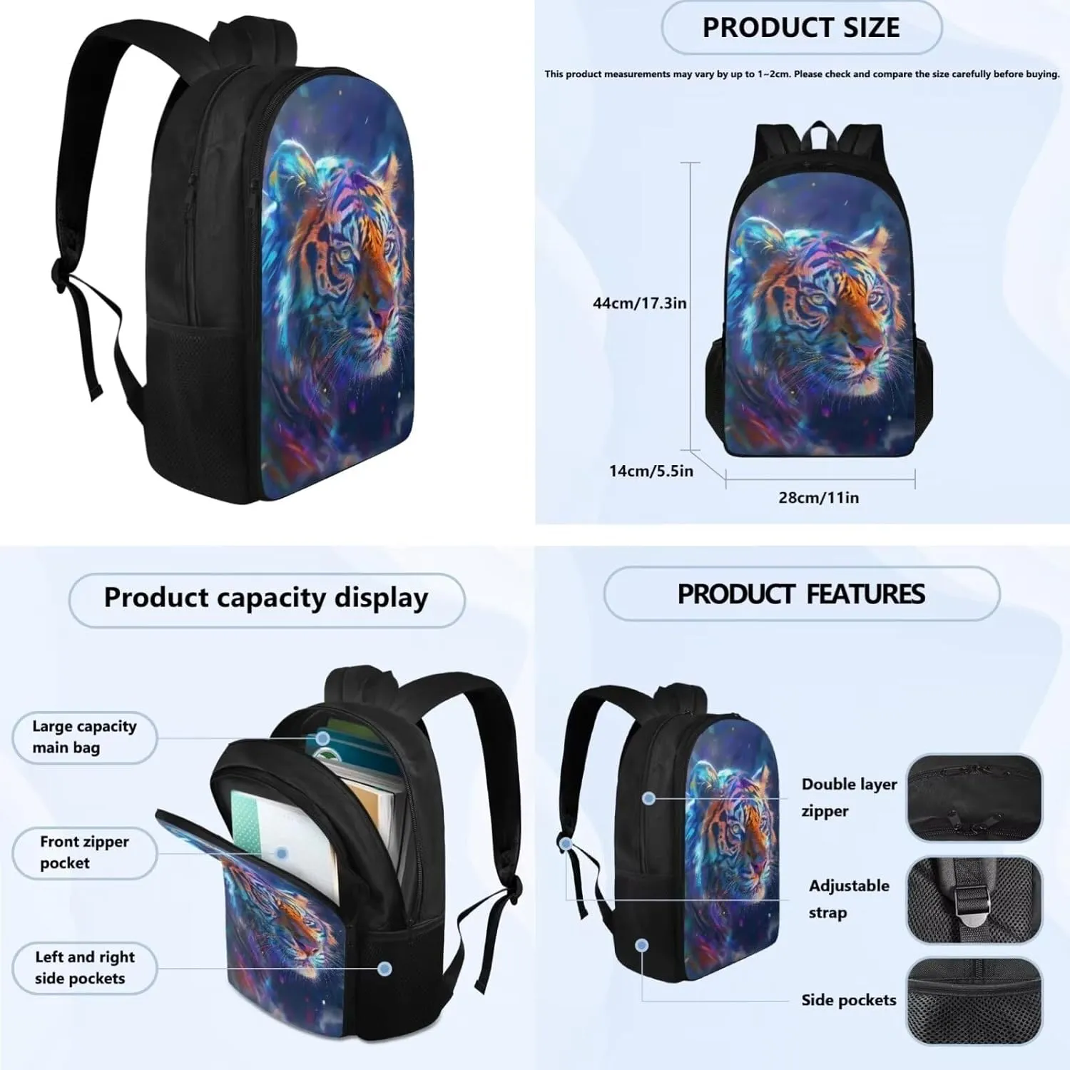 Tiger Print School Backpack for Kids 8-12 Boys and Lunch Bag Multi-Functional Portable Backpack Lunchbox for Children Cute Pencil Case for School Play Vacation