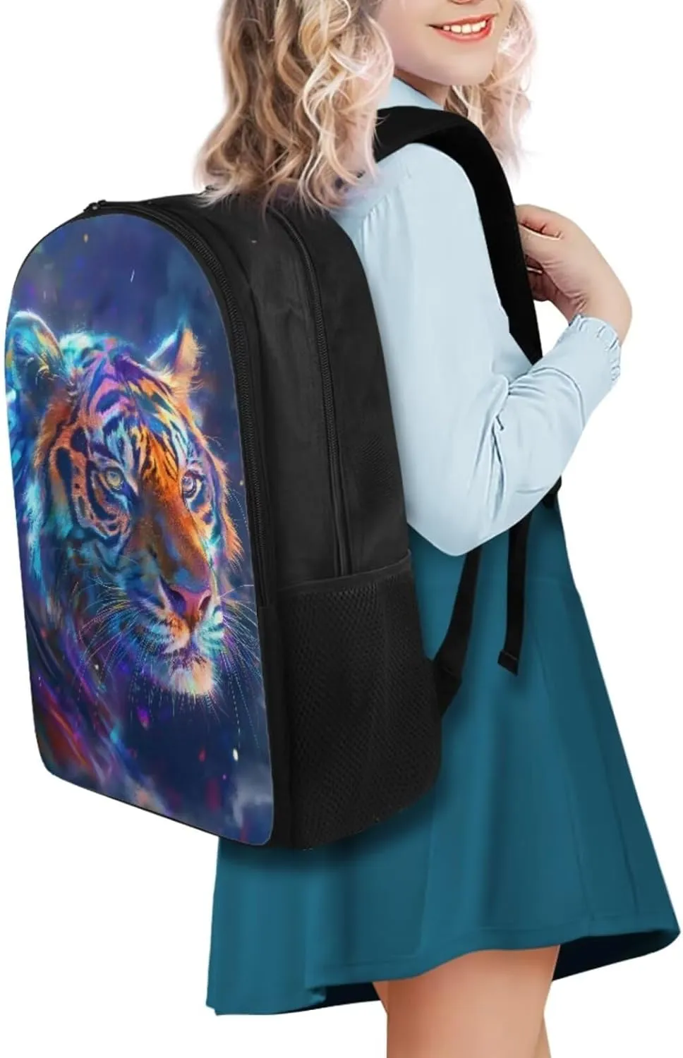 Tiger Print School Backpack for Kids 8-12 Boys and Lunch Bag Multi-Functional Portable Backpack Lunchbox for Children Cute Pencil Case for School Play Vacation