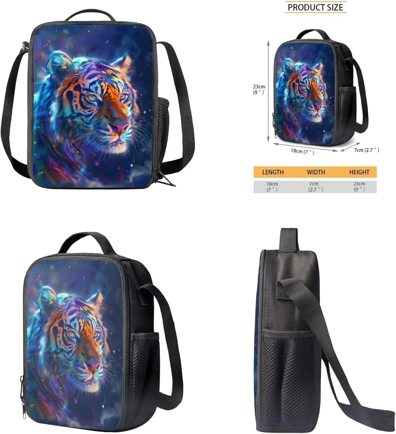Tiger Print School Backpack for Kids 8-12 Boys and Lunch Bag Multi-Functional Portable Backpack Lunchbox for Children Cute Pencil Case for School Play Vacation