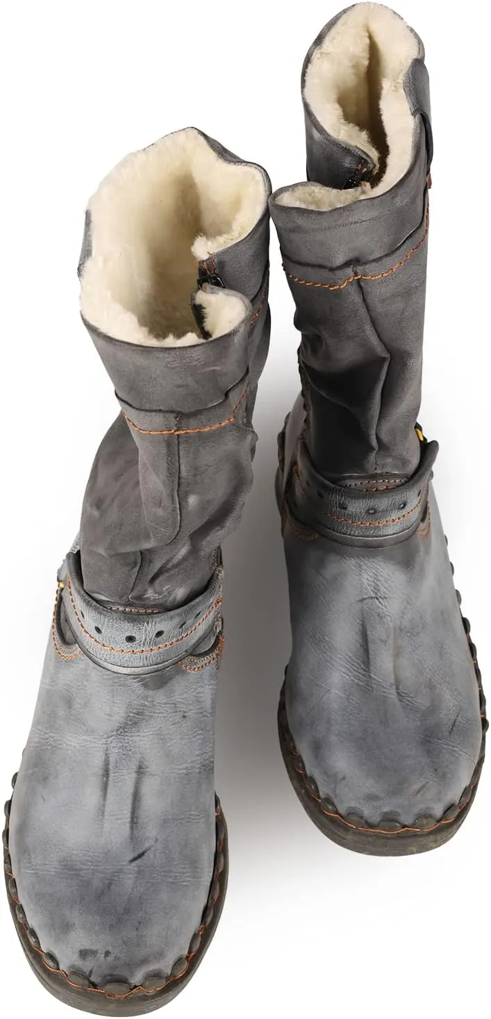 TMA EYES Women Fashion Leather Winter Boots with Faux Fur Lining side Zipper Buckle Shoes