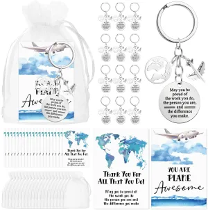 Tondiamo 18 Set Flight Attendant Gifts Bulk Airplane Keychain with Thank You Cards Organza Bags for Travel Adventure Party Favor Holiday Gift
