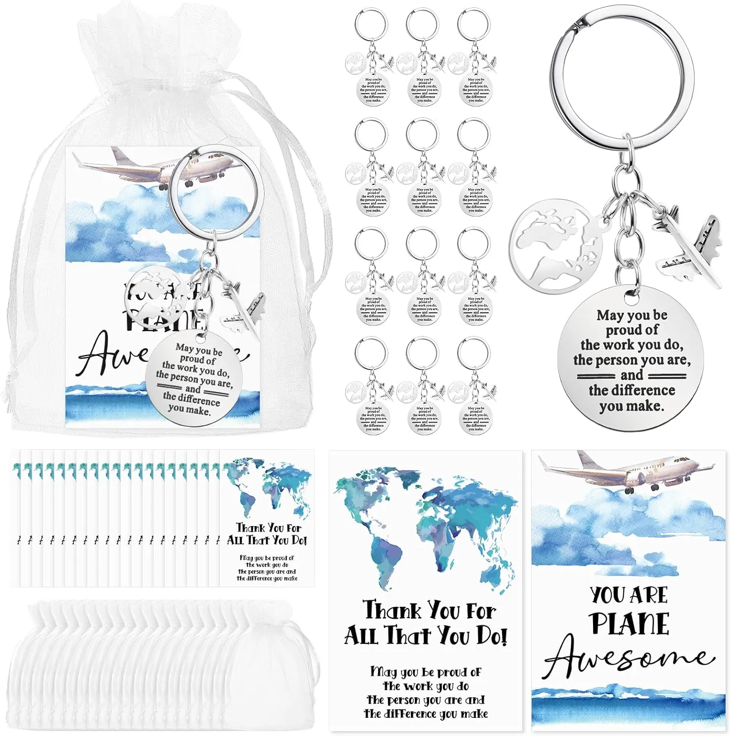 Tondiamo 18 Set Flight Attendant Gifts Bulk Airplane Keychain with Thank You Cards Organza Bags for Travel Adventure Party Favor Holiday Gift