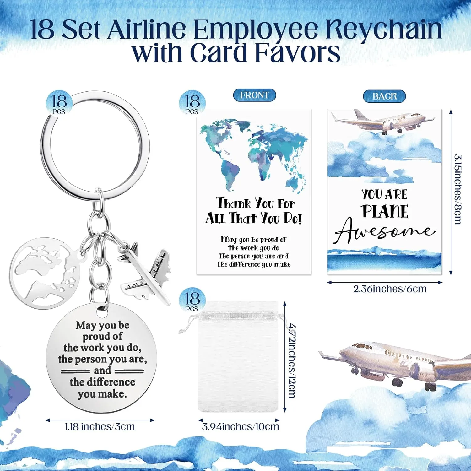 Tondiamo 18 Set Flight Attendant Gifts Bulk Airplane Keychain with Thank You Cards Organza Bags for Travel Adventure Party Favor Holiday Gift