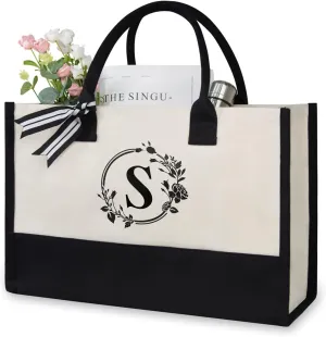 TOPDesign Personalized Initial Jute/Canvas Beach Bag, Monogrammed Gift Tote Bag for Women
