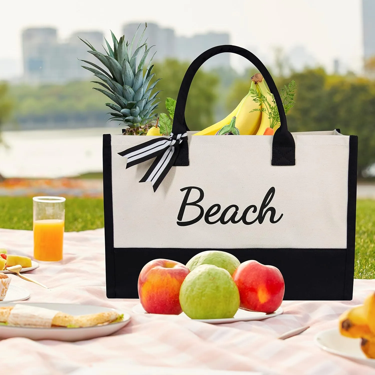 TOPDesign Personalized Initial Jute/Canvas Beach Bag, Monogrammed Gift Tote Bag for Women