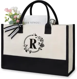 TOPDesign Personalized Initial Jute/Canvas Beach Bag, Monogrammed Gift Tote Bag for Women