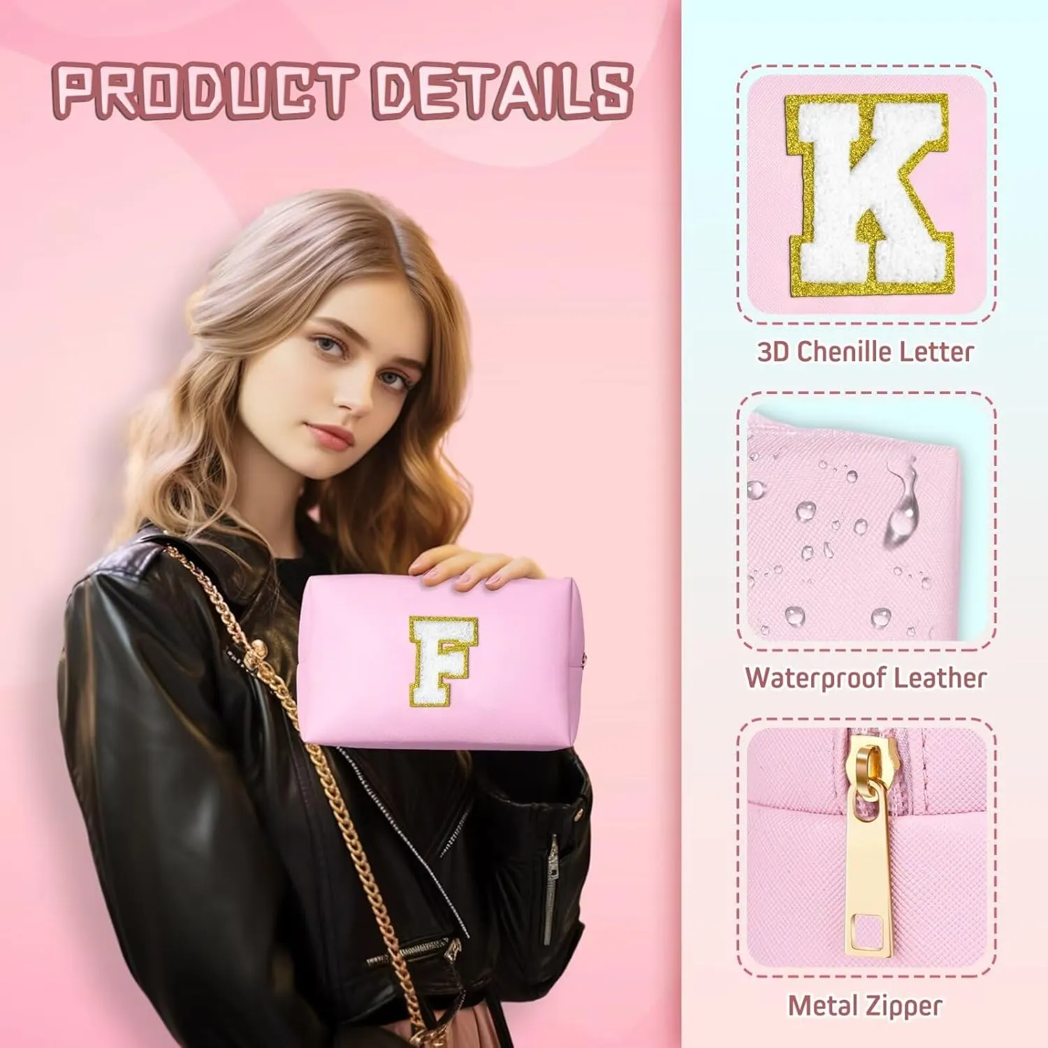 TOPEAST Cosmetic Travel Bags for Women, Preppy Small Makeup Bag, PU Leather Waterproof Toiletry Bag, Unique Friendship Gifts for Friends Coworker, Cute Stuff for Girls (Pink R)