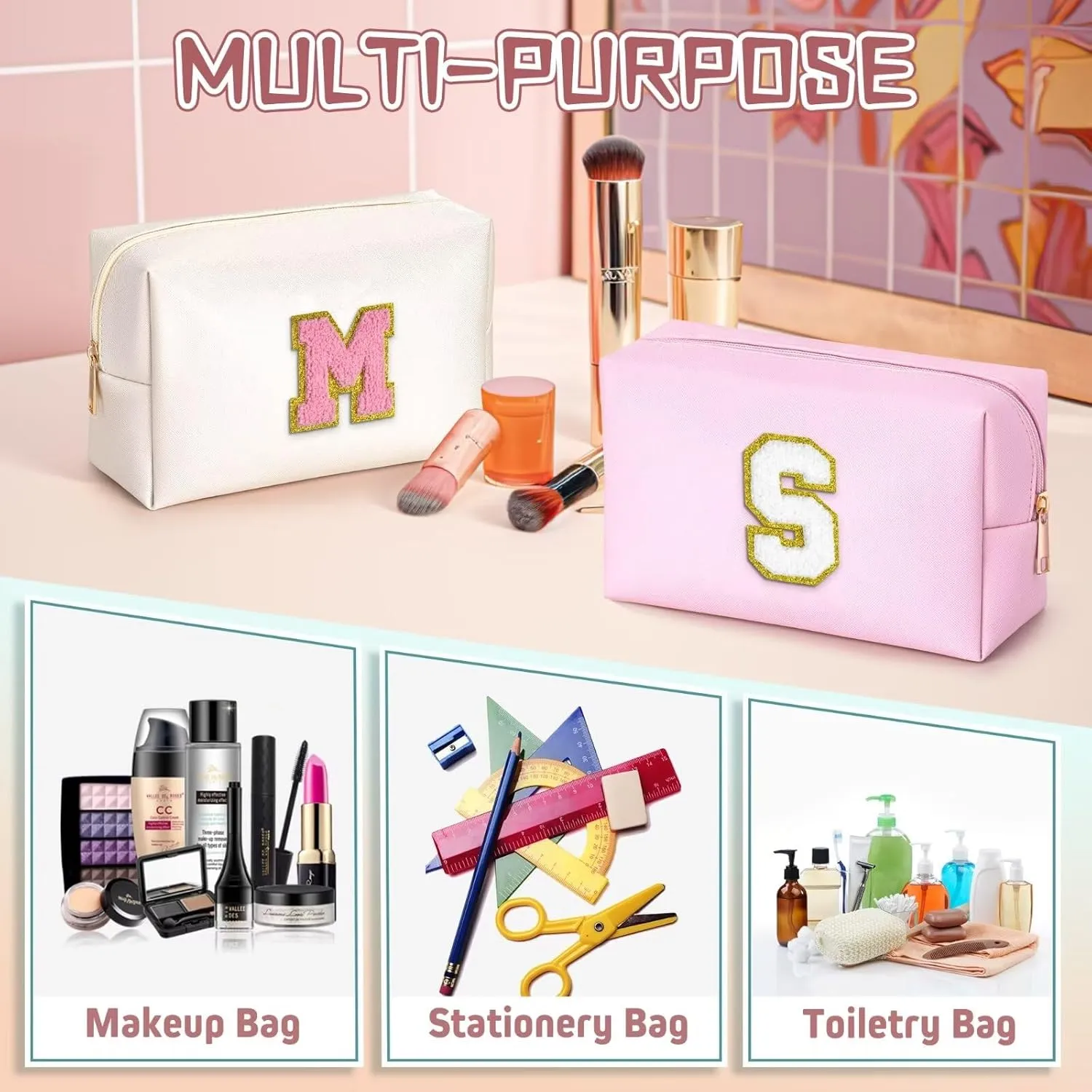 TOPEAST Cosmetic Travel Bags for Women, Preppy Small Makeup Bag, PU Leather Waterproof Toiletry Bag, Unique Friendship Gifts for Friends Coworker, Cute Stuff for Girls (Pink R)