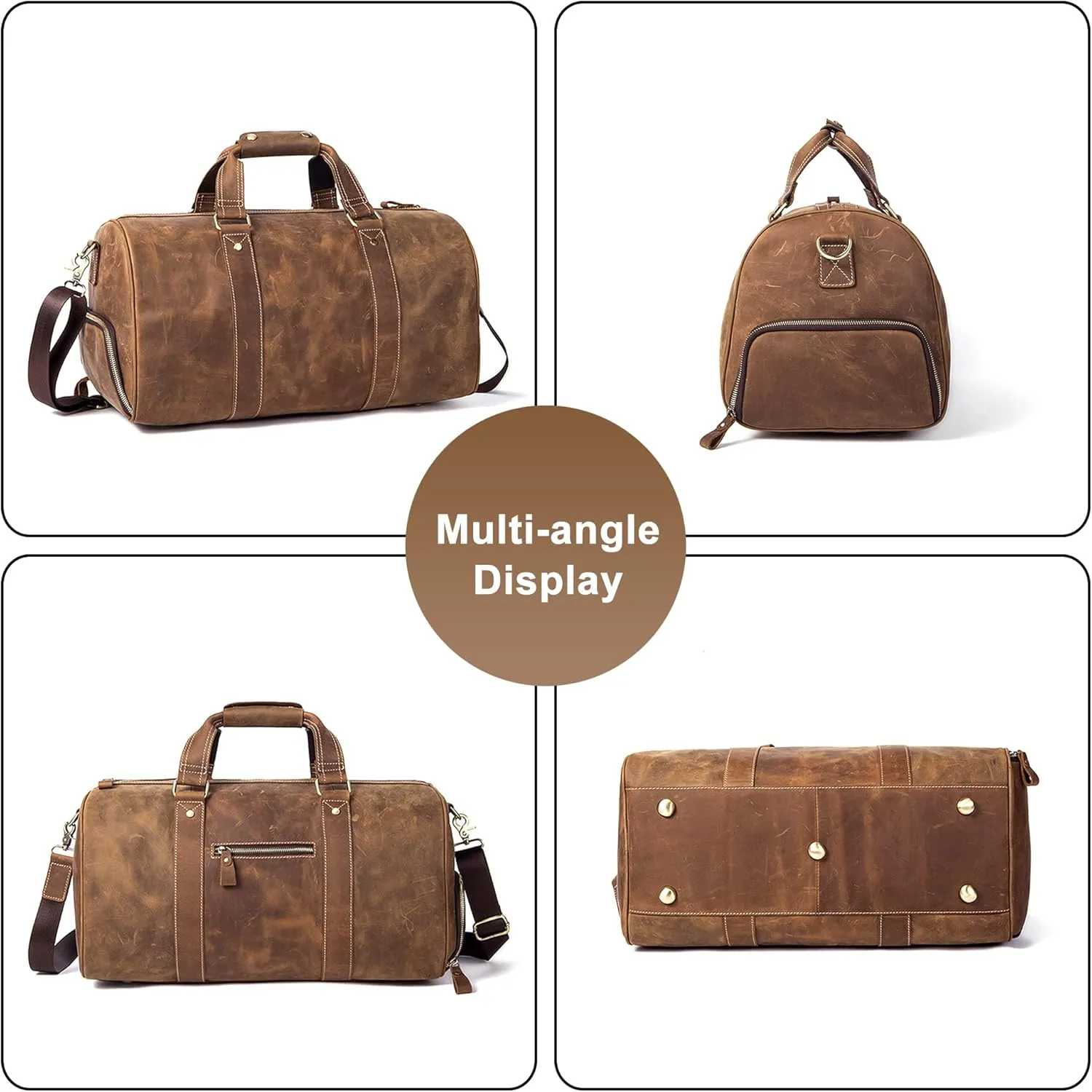 Travel Duffel Bag for Men, Crazy Horse Leather Overnight Weekender Bag Genuine Leather Handbag Crossbody Bags (Brown)