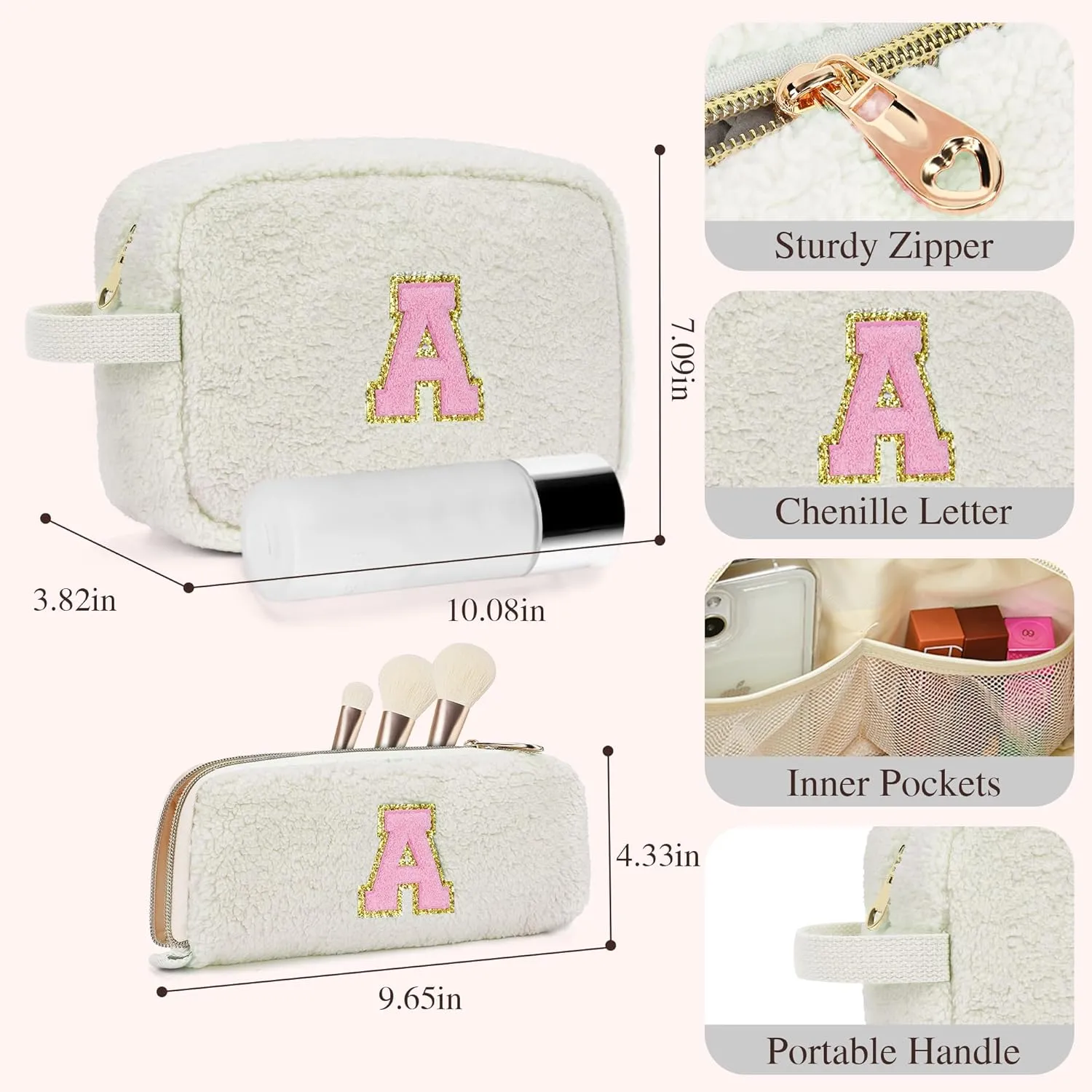 Travel Makeup Bag for Teen Girls Gifts Trendy Stuff - Monogrammed Make Up Bags Pouch for Women - Personalized Toiletry Bag - Cute Preppy Stuff for Girlfriend Sister Daughter Tween Girls - White A