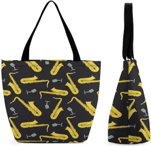 Trombone Music Instruments Women's Reusable Shopping Bags Foldable Tote Bag Lightweight Handbag for Work Travel
