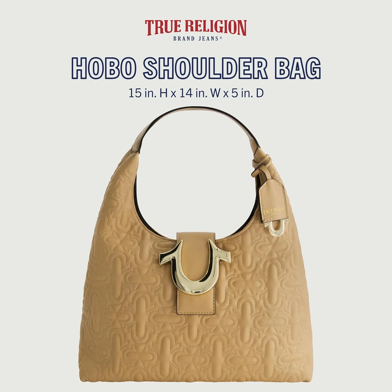 True Religion Women's Shoulder Bag Purse, Medium Quilted Hobo Handbag with Horseshoe Logo