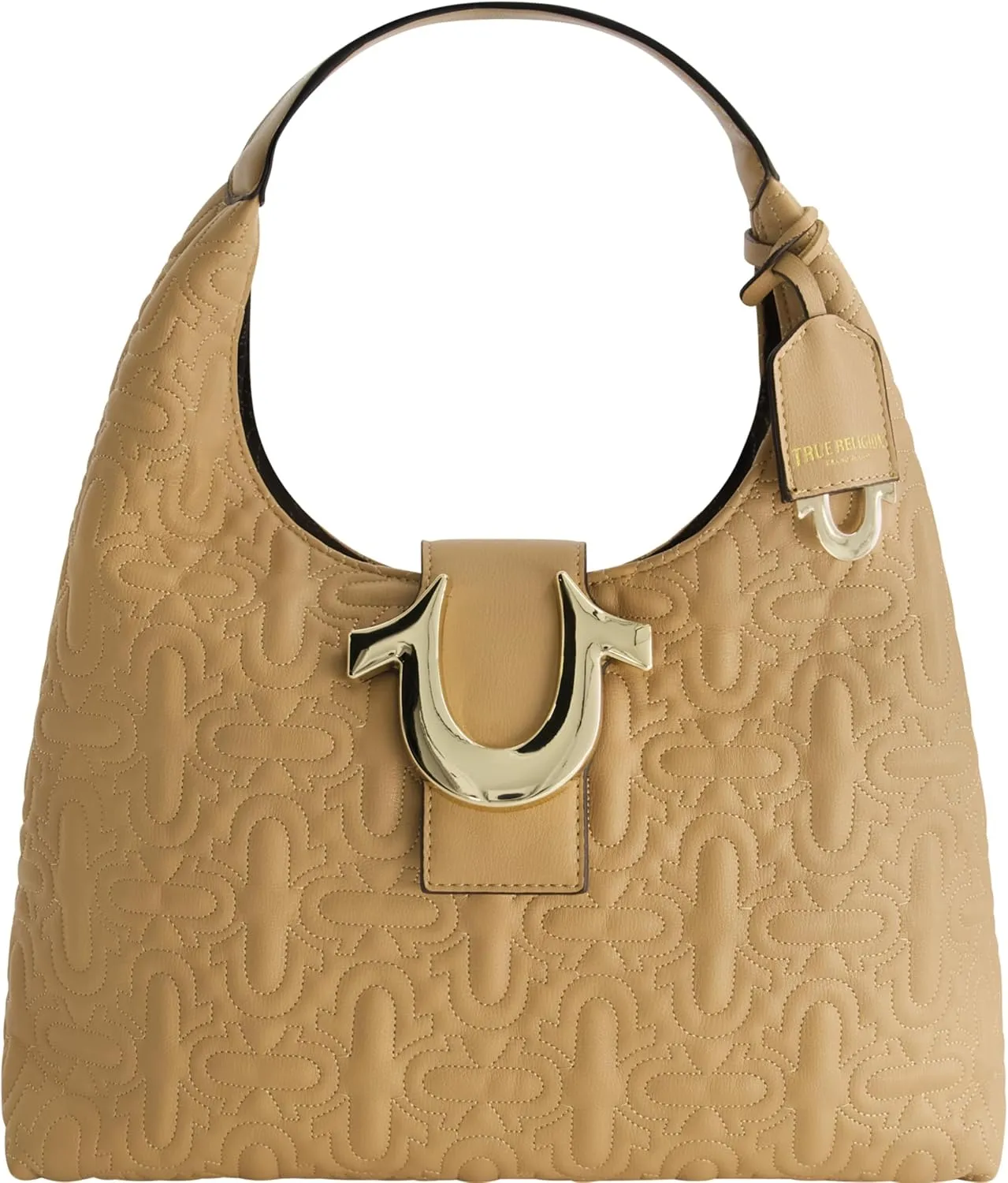 True Religion Women's Shoulder Bag Purse, Medium Quilted Hobo Handbag with Horseshoe Logo