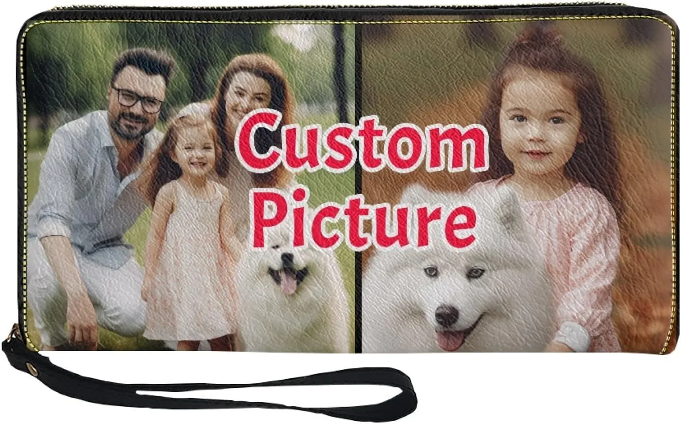 Tuoxiukan Custom Wristlet Wallet for Purse Women Personalized Clutch Picture Name Logo Purse PU Leather Zipper Long Wallet Mens Slim Phone Bag Cash ID Card Organizer Clutch Pouch Unique Gifts