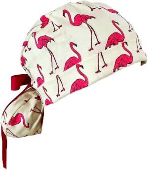 Turn Up Ponytail Medical Scrub Cap - Bright Pink Flamingos On Cream. - Bouffant, Unisex Surgical Caps, Dr. Hats, Nurses Hats. Scrub Hat for Women & Men tie Back | Working Cap with Holder