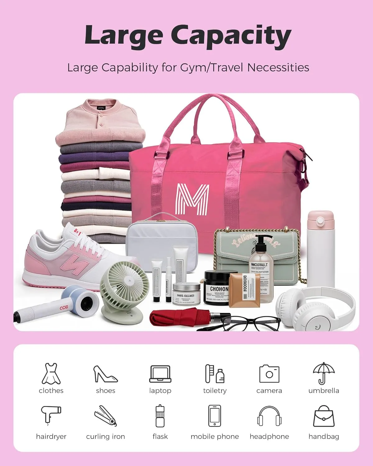 Tween Girl Trendy Stuff, Birthday Gift, Girls Initial Travel Bag, Sports Bag, Monogrammed Bags for Girls, Personalized Weekender Bag, Monogram Overnight Bag Gift for Her (Letter E)
