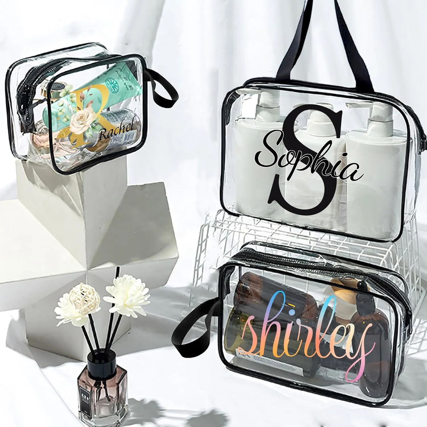 ubjva Personalized Makeup Bag Custom Clear Toiletry Bag for Women Name Monogrammed Cosmetic Pouch with Handle for Travel Wedding Birthday Gift-Own Design-S