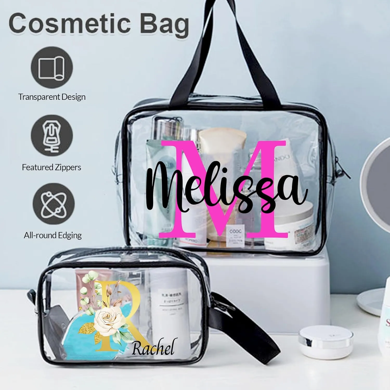 ubjva Personalized Makeup Bag Custom Clear Toiletry Bag for Women Name Monogrammed Cosmetic Pouch with Handle for Travel Wedding Birthday Gift-Own Design-S