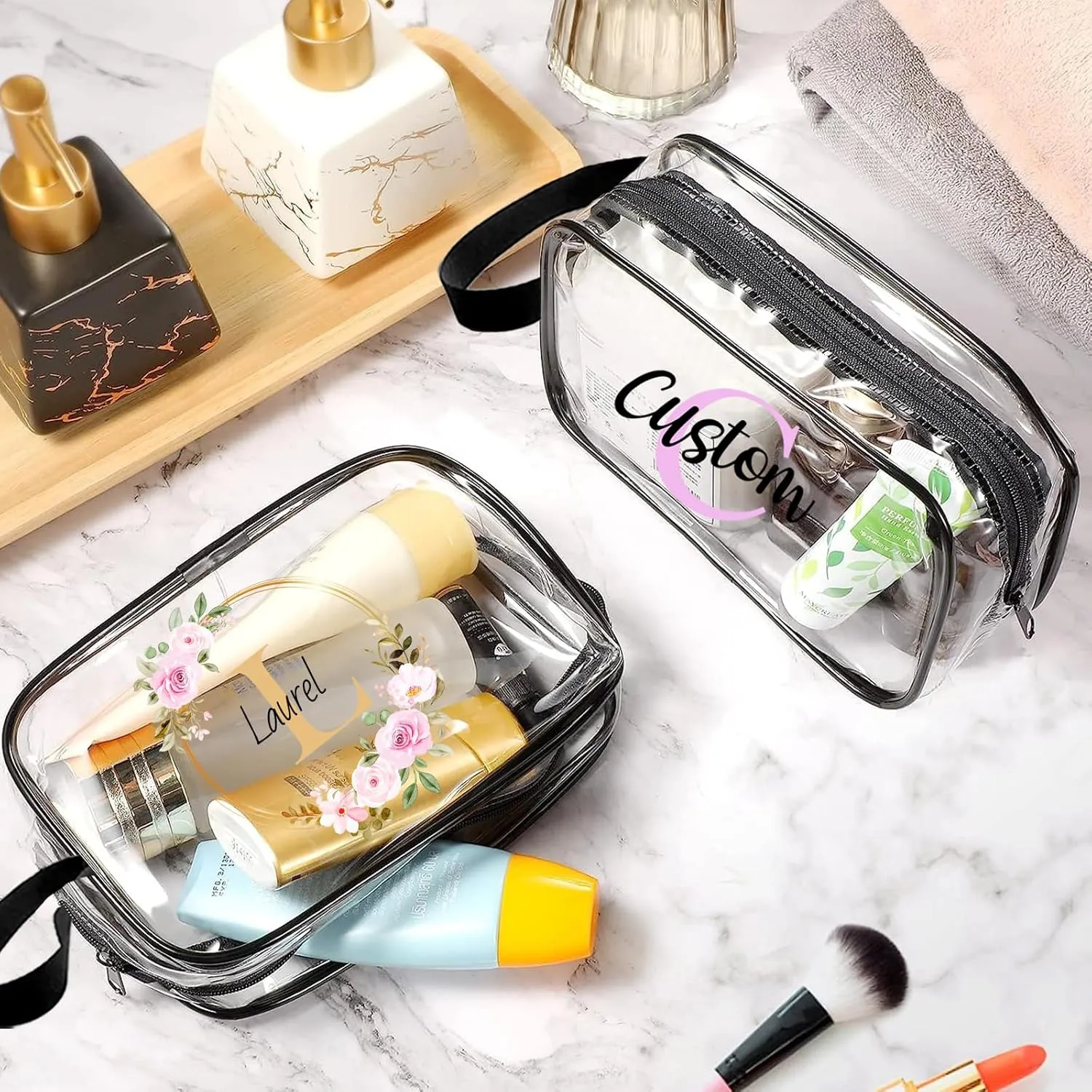 ubjva Personalized Makeup Bag Custom Clear Toiletry Bag for Women Name Monogrammed Cosmetic Pouch with Handle for Travel Wedding Birthday Gift-Own Design-S
