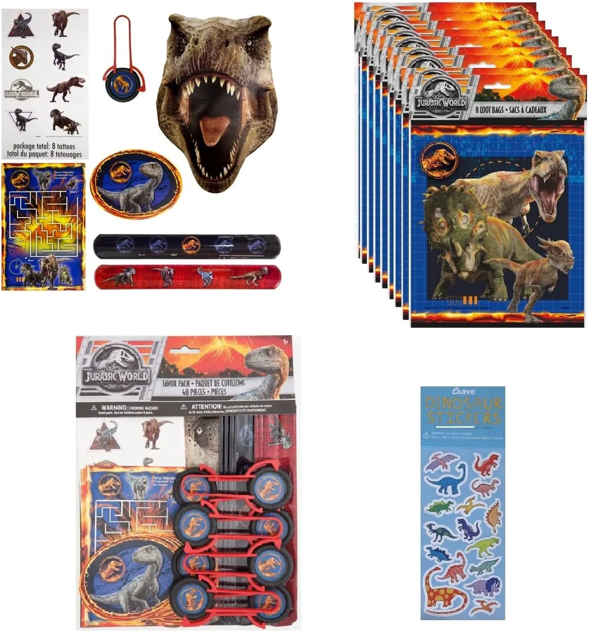 Unique Jurassic Dinosaur Party Supplies Bundle Pack Includes 8 Plastic Loot Bags, 48 Pc Favor Pack Includes 8 Sticker Sheets, 8 Tattoos, 8 Aactivity Sheets, 8 Slap Bracelets, 8 Masks, 8 Disc Shooters