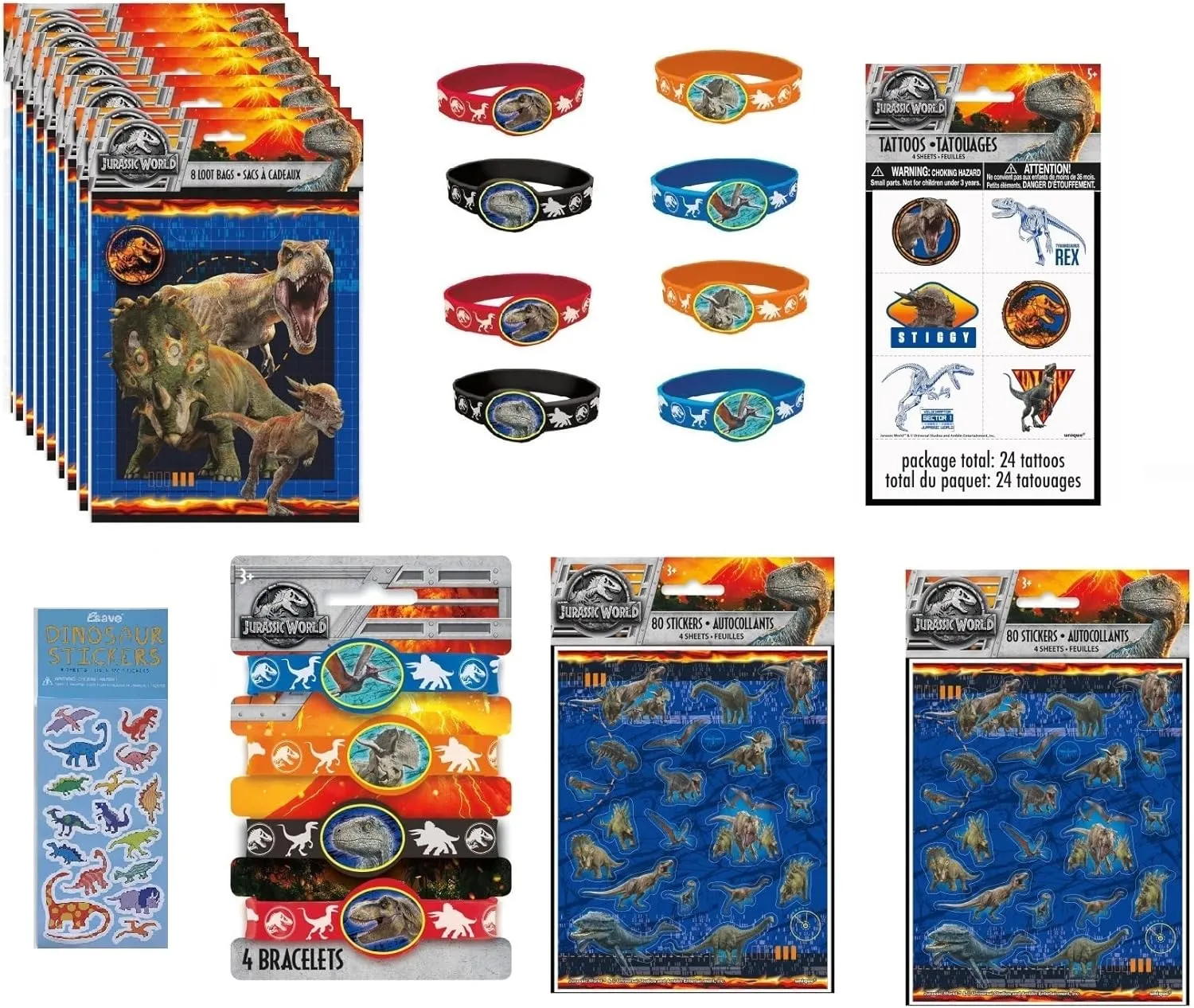 Unique Jurassic World Birthday Party Supplies Favor Bundle Pack includes 8 Loot Bags, 8 Rubber Bracelets, 24 Tattoos, 160 Stickers, 1 Dinosaur Sticker Sheet