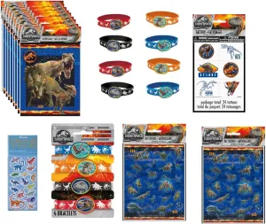Unique Jurassic World Birthday Party Supplies Favor Bundle Pack includes 8 Loot Bags, 8 Rubber Bracelets, 24 Tattoos, 160 Stickers, 1 Dinosaur Sticker Sheet
