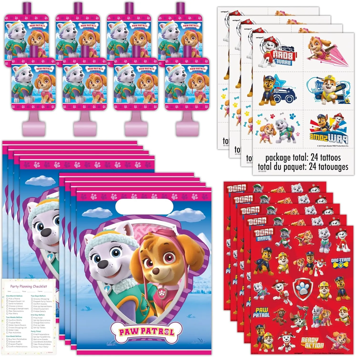 Unique Skye Paw Patrol Party Favors - Skye Paw Patrol Birthday Decorations - Bundle with Goodie Bags, Blowouts, Tattoos, Stickers, Checklist - 16 Guests - Pink Party Favors for Girls