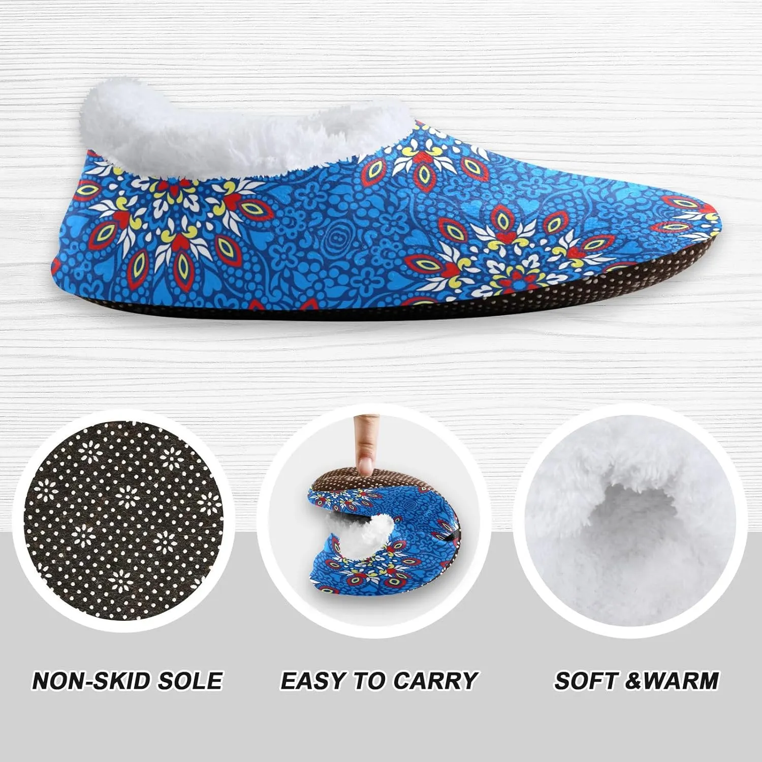 Unisex Slipper Abstract Blue Ethnic Pattern Coral Fleece House Slipper Anti-Skid Indoor Socks House Shoes for Men and Women