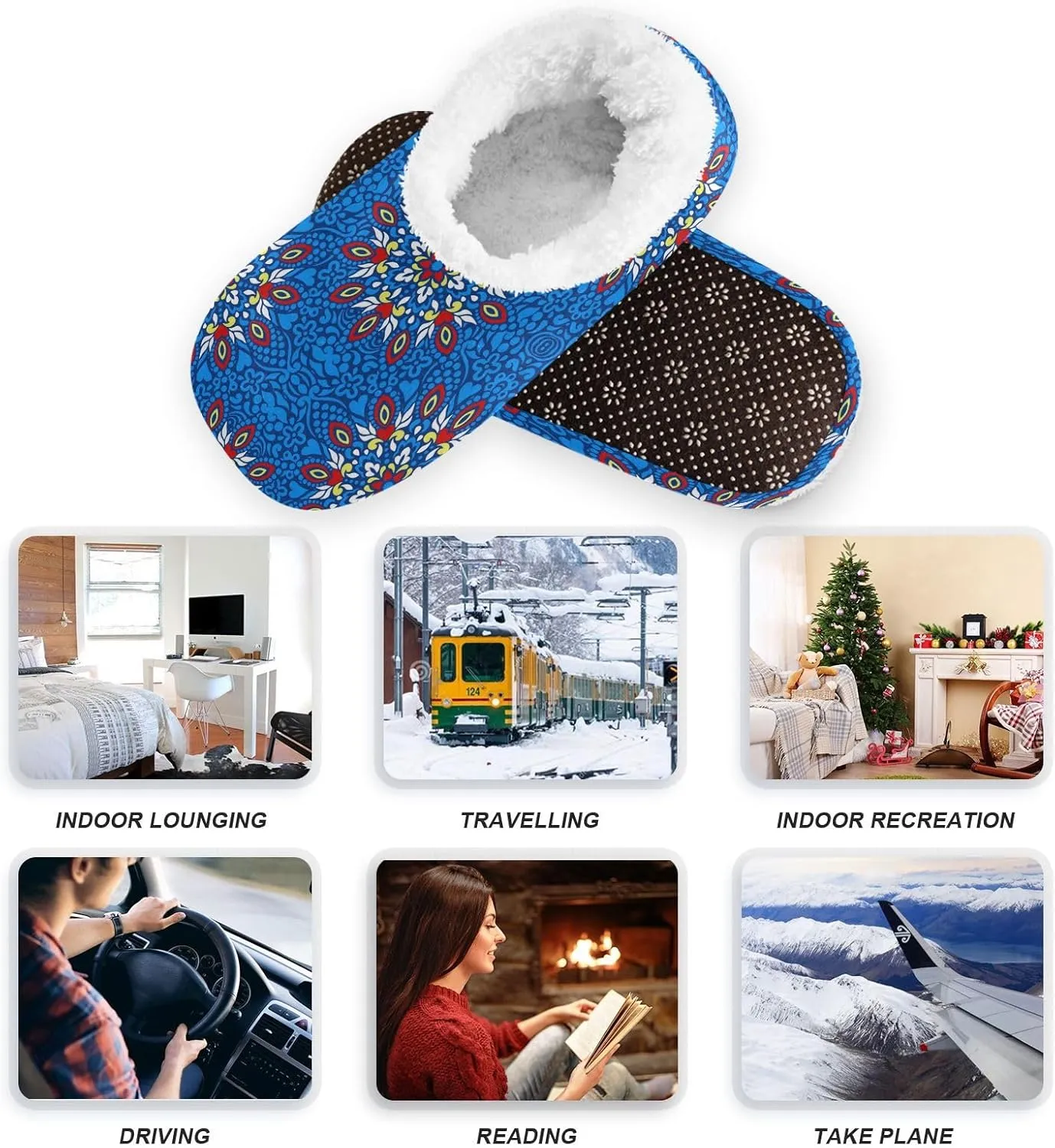 Unisex Slipper Abstract Blue Ethnic Pattern Coral Fleece House Slipper Anti-Skid Indoor Socks House Shoes for Men and Women
