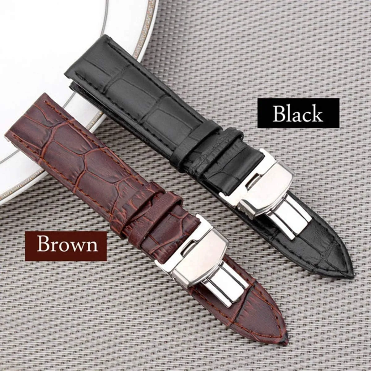 Universal Strap,18/24mm Women Men Watch Band Strap Butterfly Pattern Deployant Clasp Buckle Leather Watchband(Brown,22mm)
