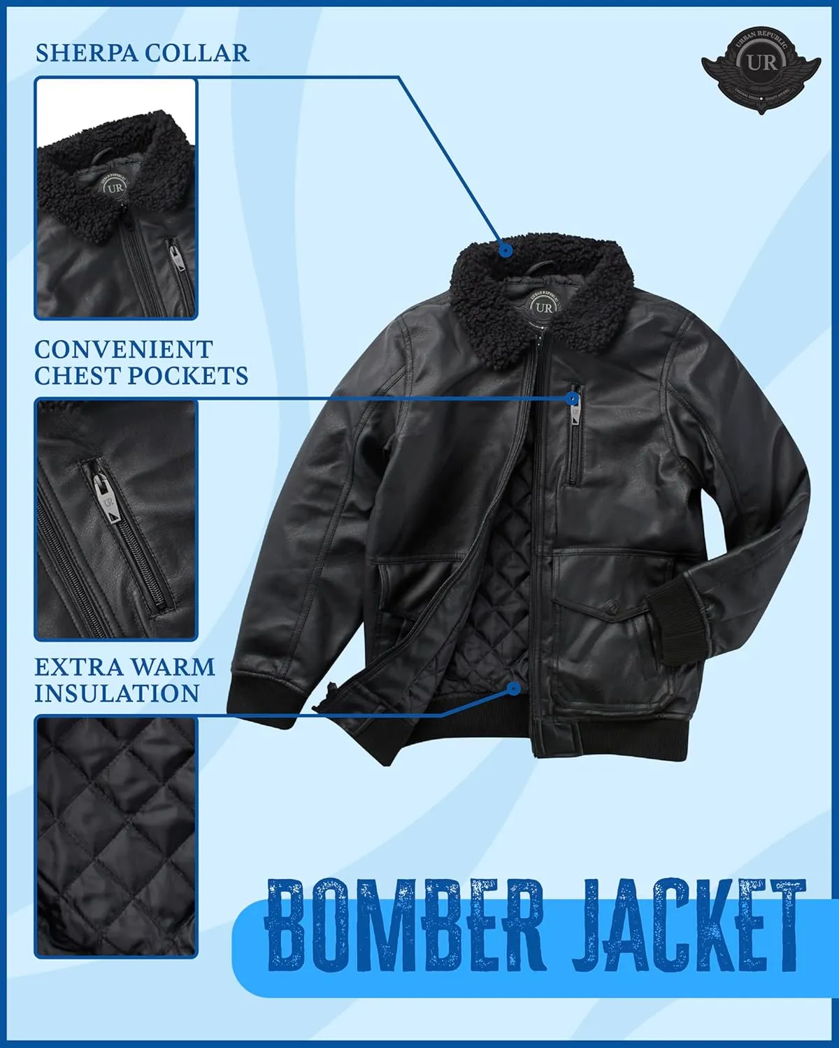 URBAN REPUBLIC Boys' Faux Leather Jacket - Aviator Bomber Outerwear Coat with Sherpa Collar and Chest Pocket (Sizes: 8-20)