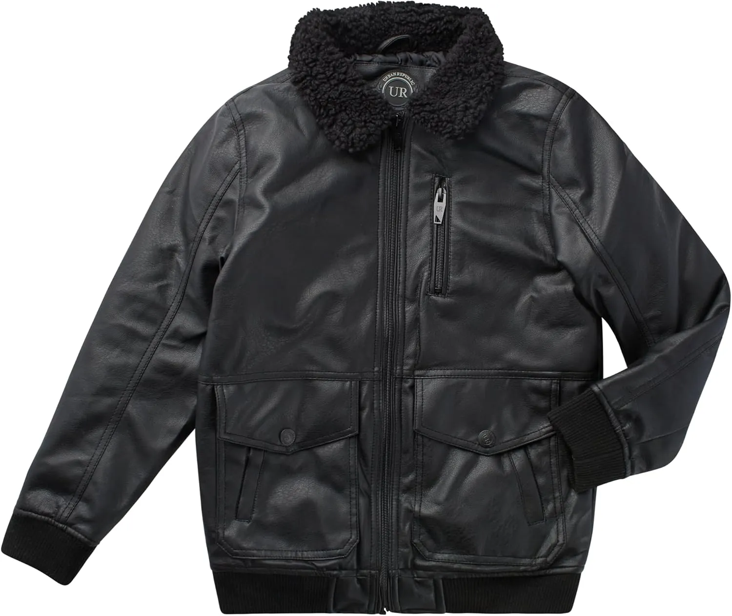 URBAN REPUBLIC Boys' Faux Leather Jacket - Aviator Bomber Outerwear Coat with Sherpa Collar and Chest Pocket (Sizes: 8-20)