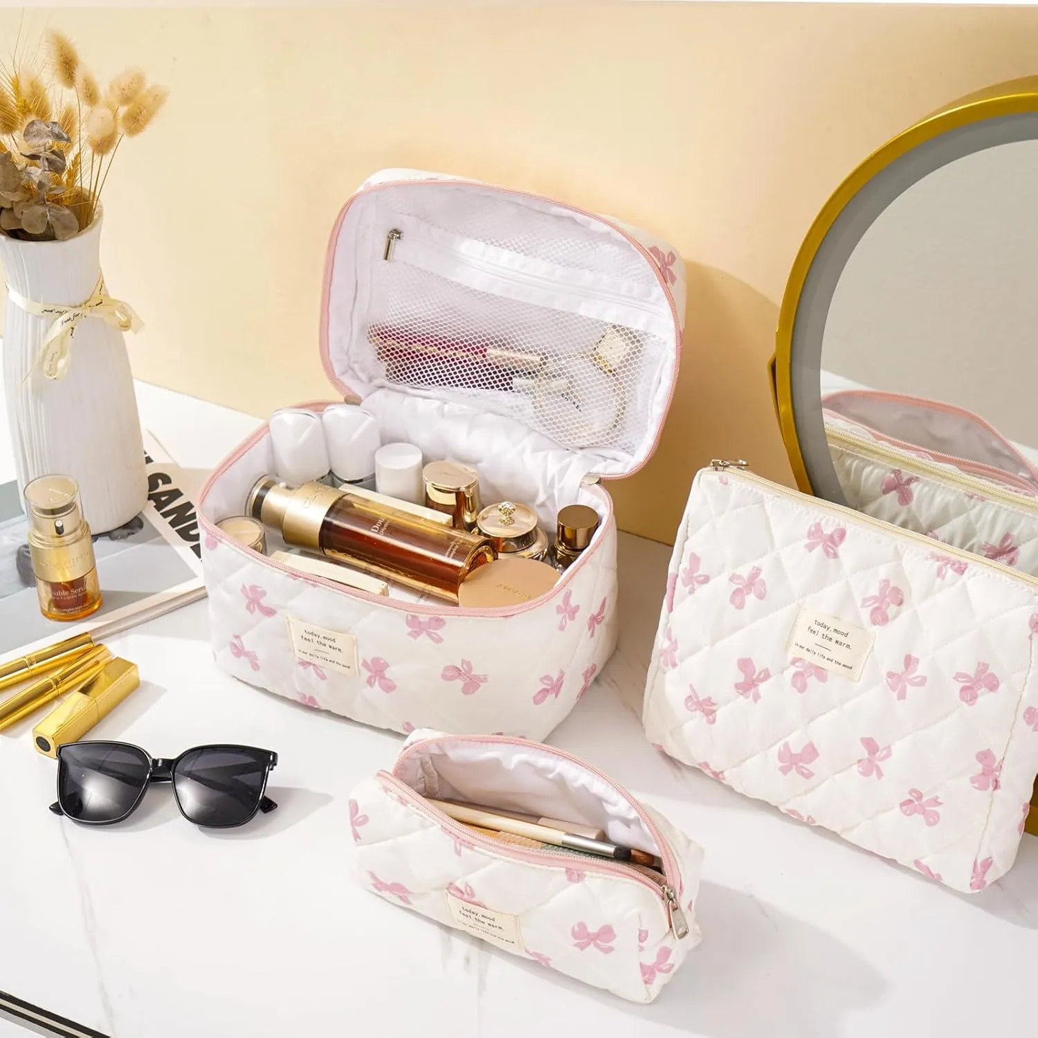 UYUUY Makeup Bag for Women 3PCS Quilted Cotton Make Up Bag Travel Cosmetic Bag Large Makeup Bag Set Cute Bow Makeup Bag Organizer Floral Toiletry Bag Makeup Pouch for Purse